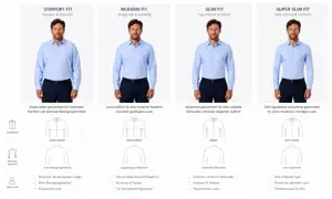 Männer in verschiedenen Hemdschnitten: Comfort Fit, Modern Fit, Slim Fit und Super Slim Fit. Das engste Hemd ist das Super Slim Fit.