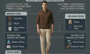 Mann im Smart Casual Look: braunes Poloshirt, beige Chinos, Loafers. Perfekt für Herren, die stilvoll und bequem unterwegs sein wollen.