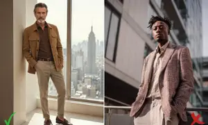 Zwei Männer, die sich schick anziehen: Einer im lässigen Safari-Look vor New Yorker Skyline, der andere im Tweed-Sakko vor moderner Architektur.