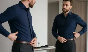 Mann im Spiegel prüft verschiedene Arten von Hemden, trägt ein dunkelblaues Hemd und graue Hose.