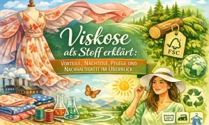 Viskose als Stoff erklärt: Vorteile, Nachteile, Pflege und Nachhaltigkeit. Das Material ist atmungsaktiv und angenehm zu tragen, wie die lächelnde Frau im Bild zeigt.