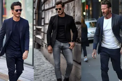 Drei Männer in stilvollen Outfits: dunkelblauer Blazer über schwarzem Pullover, schwarzer Blazer über schwarzem Pullover und grauer Jeans, dunkelblauer Blazer über weißem Pullover.
