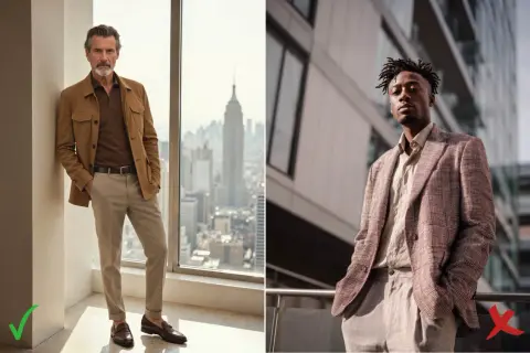 Zwei Männer, die sich schick anziehen: Einer im lässigen Safari-Look vor New Yorker Skyline, der andere im Tweed-Sakko vor moderner Architektur.