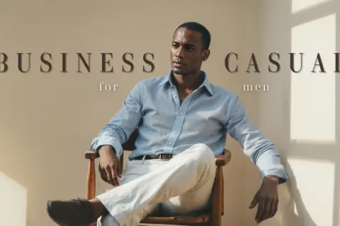 Mann im lässigen Business-Outfit: hellblaues Leinenhemd, weiße Hose, braune Schuhe. Perfekt für Business Casual ohne Sakko.