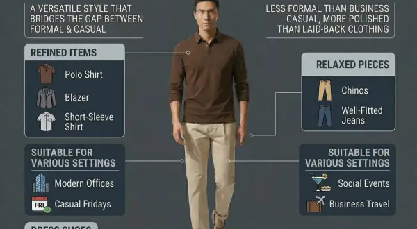 Mann im Smart Casual Look: braunes Poloshirt, beige Chinos, Loafers. Perfekt für Herren, die stilvoll und bequem unterwegs sein wollen.