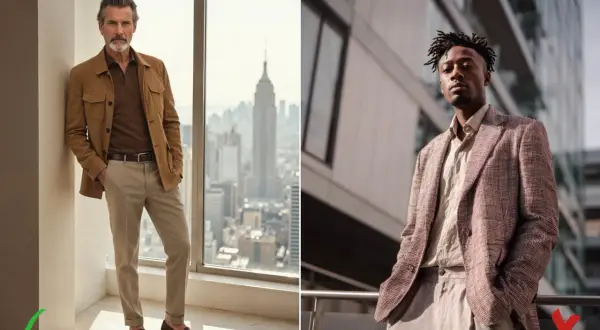 Zwei Männer in **smart casual** Outfits. Links ein älterer Mann in brauner Jacke und beiger Hose, rechts ein jüngerer Mann im karierten Sakko.