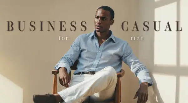 Mann im lässigen Business-Outfit: hellblaues Leinenhemd, weiße Hose, braune Schuhe. Perfekt für Business Casual ohne Sakko.