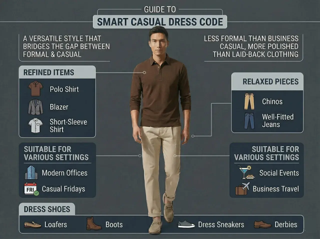 Mann im Smart Casual Look: braunes Poloshirt, beige Chinos, Loafers. Perfekt für Herren, die stilvoll und bequem unterwegs sein wollen.