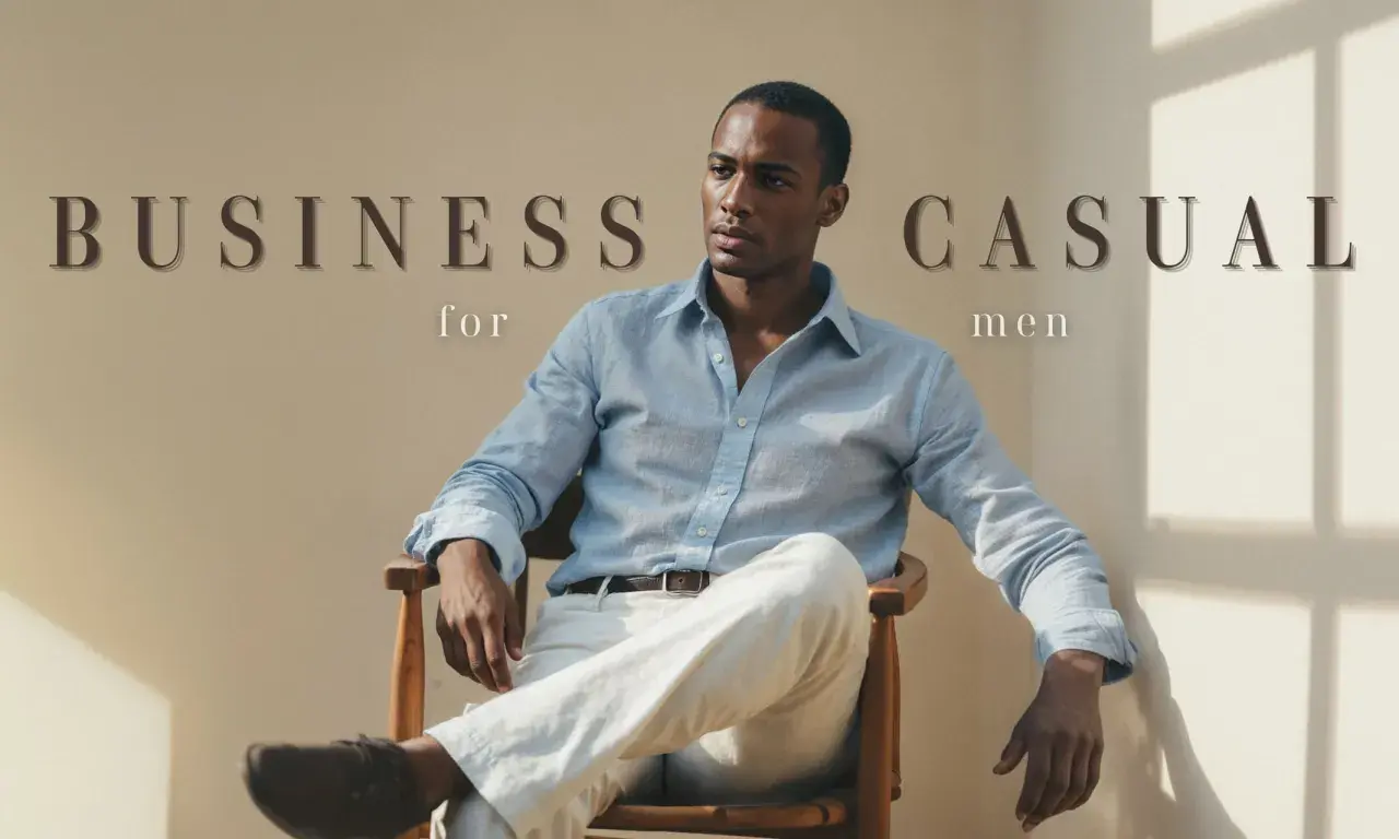 Mann im lässigen Business-Outfit: hellblaues Leinenhemd, weiße Hose, braune Schuhe. Perfekt für Business Casual ohne Sakko.