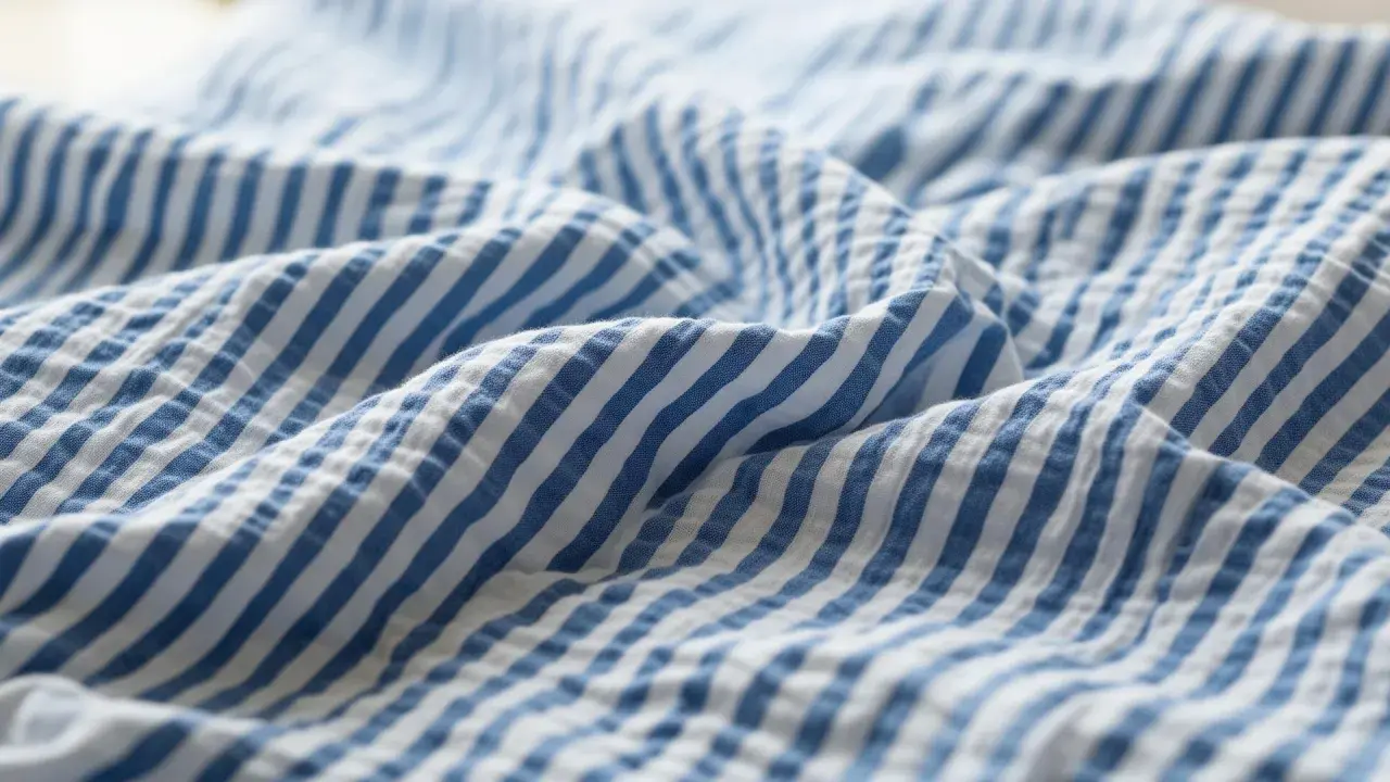 Blau-weißer Seersucker-Stoff mit charakteristischen Falten. Dieses Gewebe ist leicht und luftig, ideal für Sommerkleidung.
