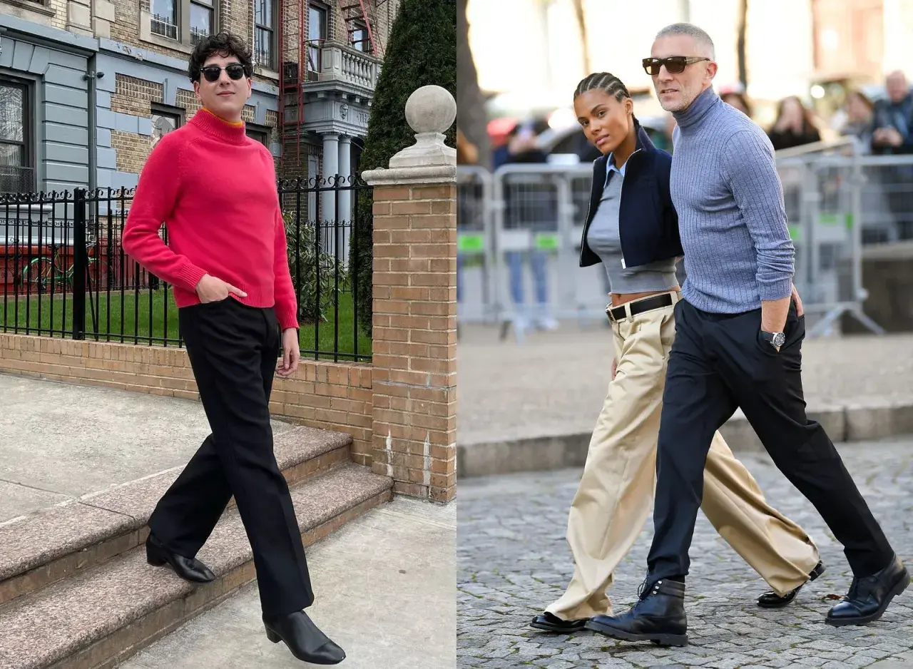 Mann in pinkem Rollkragenpullover und schwarzer Hose, daneben ein Paar in lässigem franzosen style.