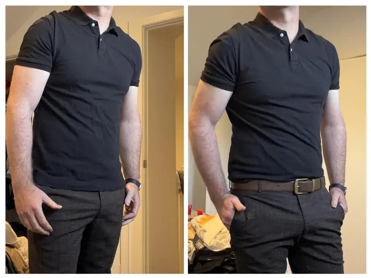 Mann im schwarzen Poloshirt, das entweder in die Hose gesteckt oder locker darüber getragen wird. Brauner Gürtel.