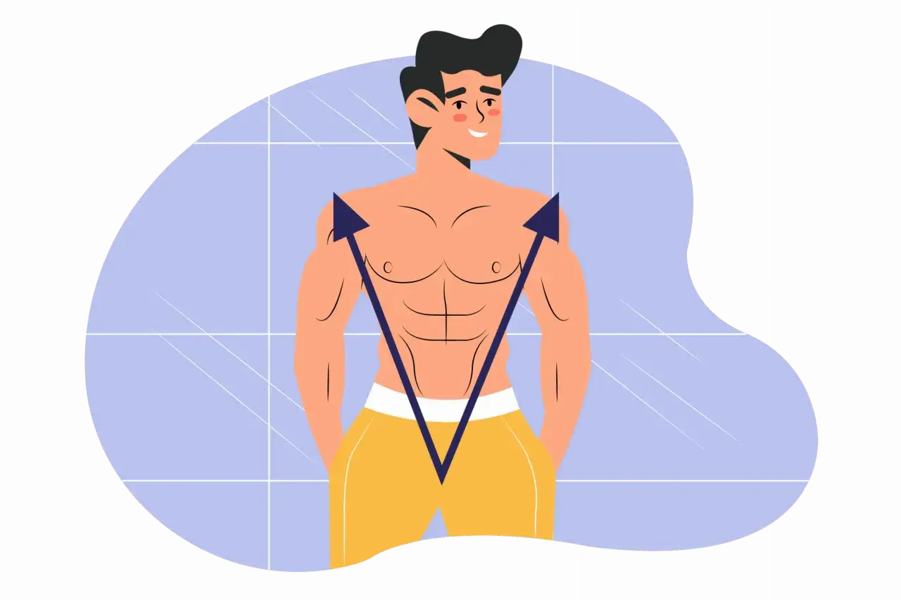 Ein Mann mit V-Form Torso und Sixpack, der stolz seine breiten Schultern zeigt.