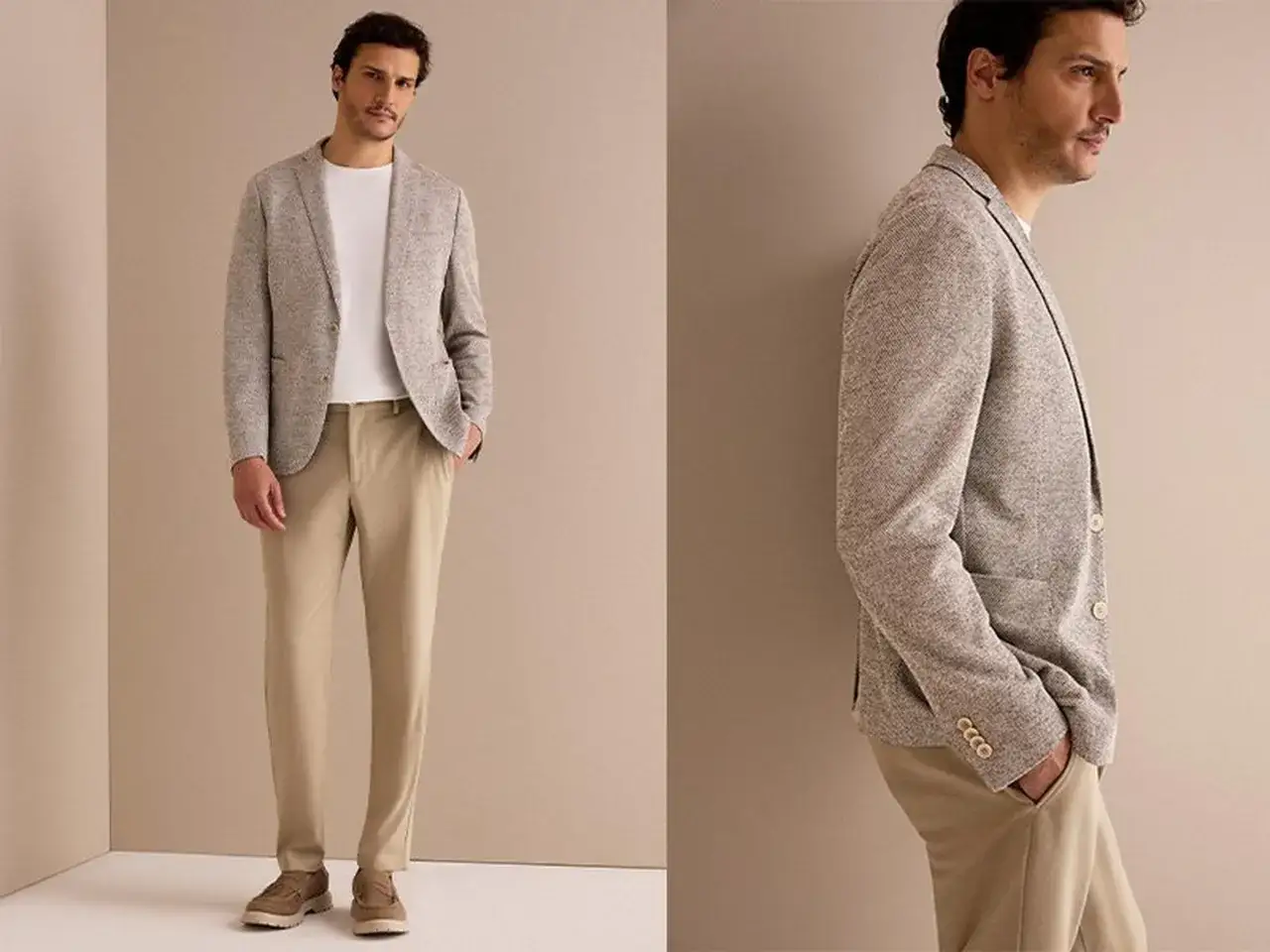 Ein Mann pr&auml;sentiert ein stilvolles hochzeitsgast outfit: hellgraues Sakko mit dezentem Muster, wei&szlig;es T-Shirt und beige Hose. Perfekt f&uuml;r eine elegante Feier.