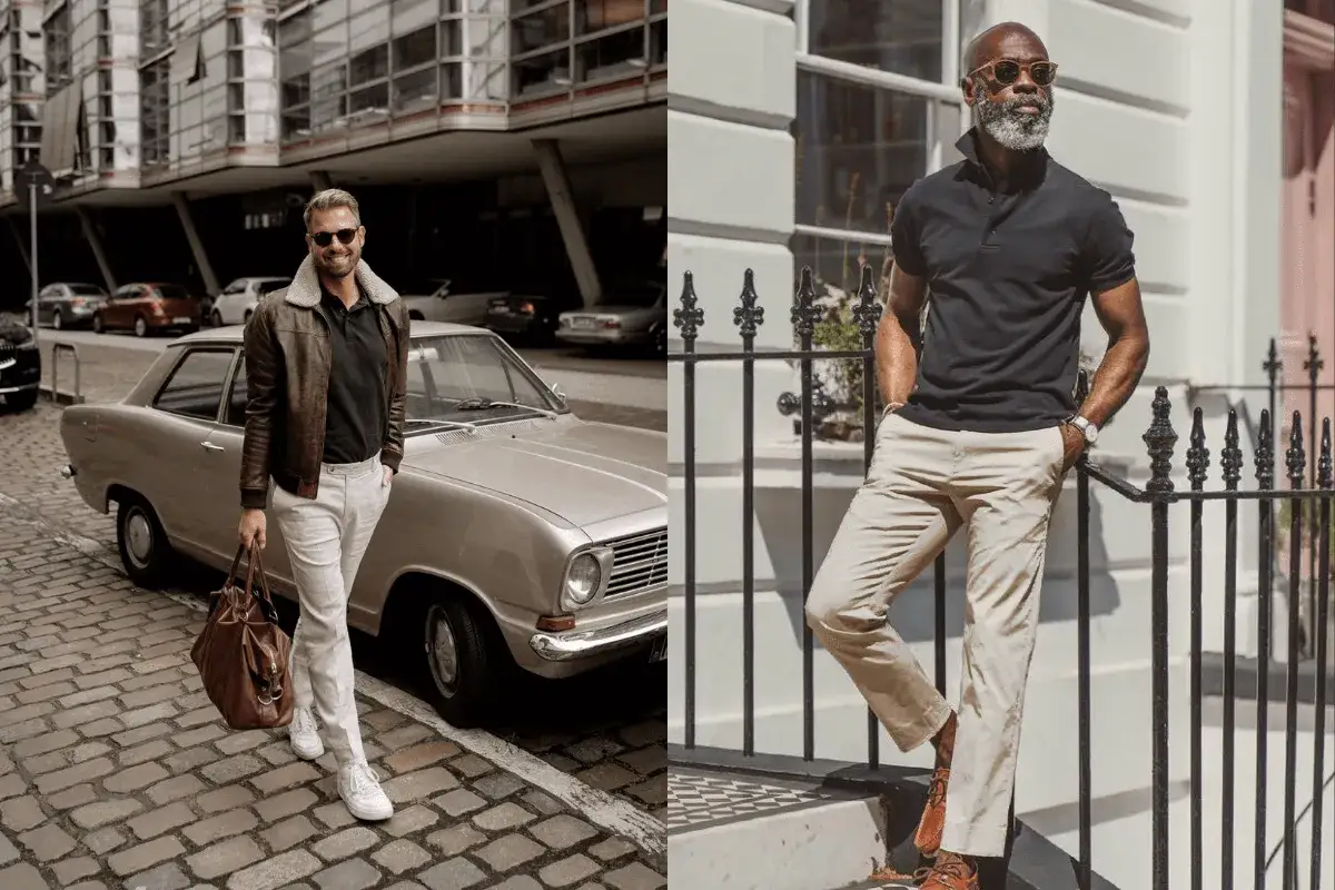 Zwei Männer in stilvollen Outfits. Links ein Mann mit brauner Lederjacke und schwarzem Polohemd, daneben ein Oldtimer. Rechts ein Mann mit schwarzem Polohemd und beiger Hose.