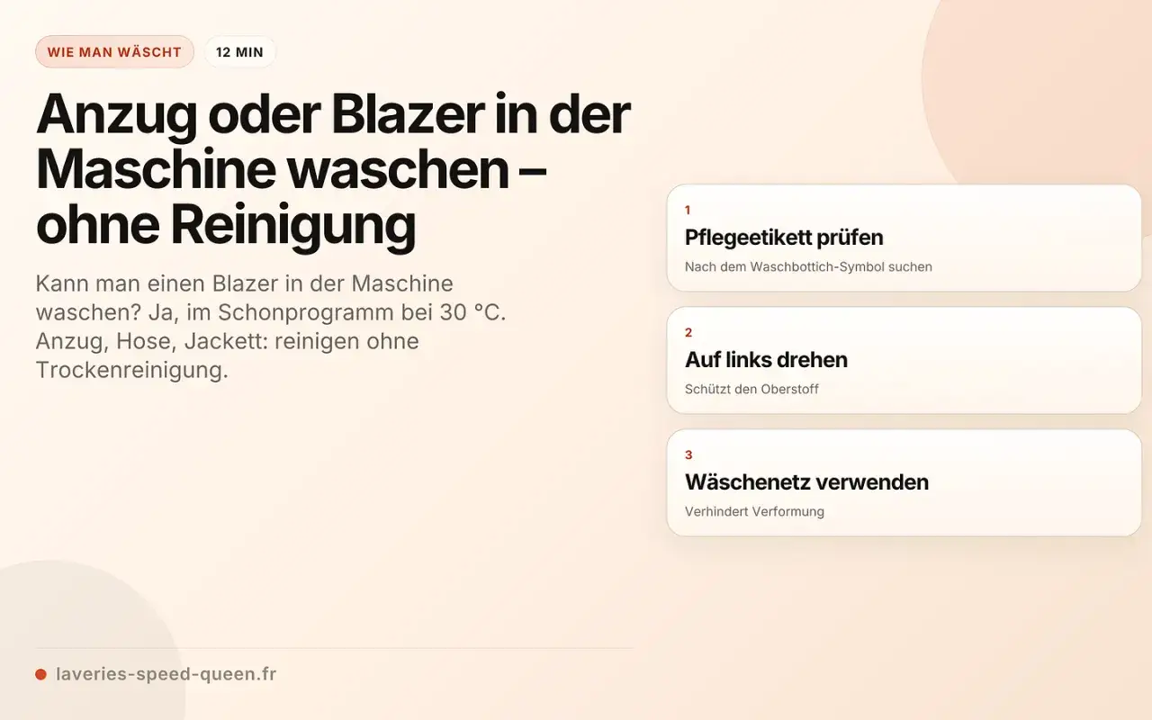 Anleitung zum Sakko waschen: Pflegeetikett prüfen, auf links drehen und Wäschenetz verwenden, um den Blazer schonend zu reinigen.