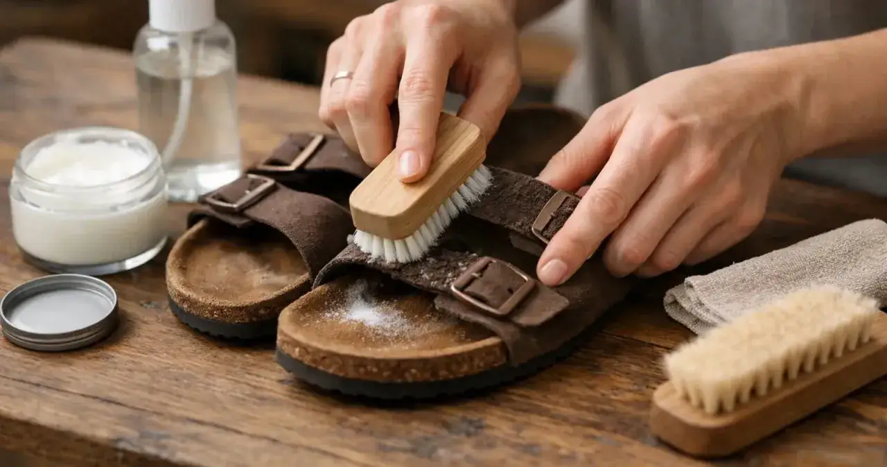 H&auml;nde b&uuml;rsten braune Birkenstock-Sandalen ab, um sie zu reinigen. Daneben stehen Pflegeprodukte.