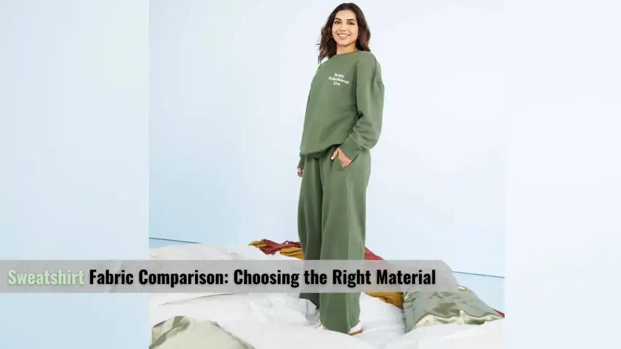 Frau in grünem Sweatshirt und Hose. Der Text