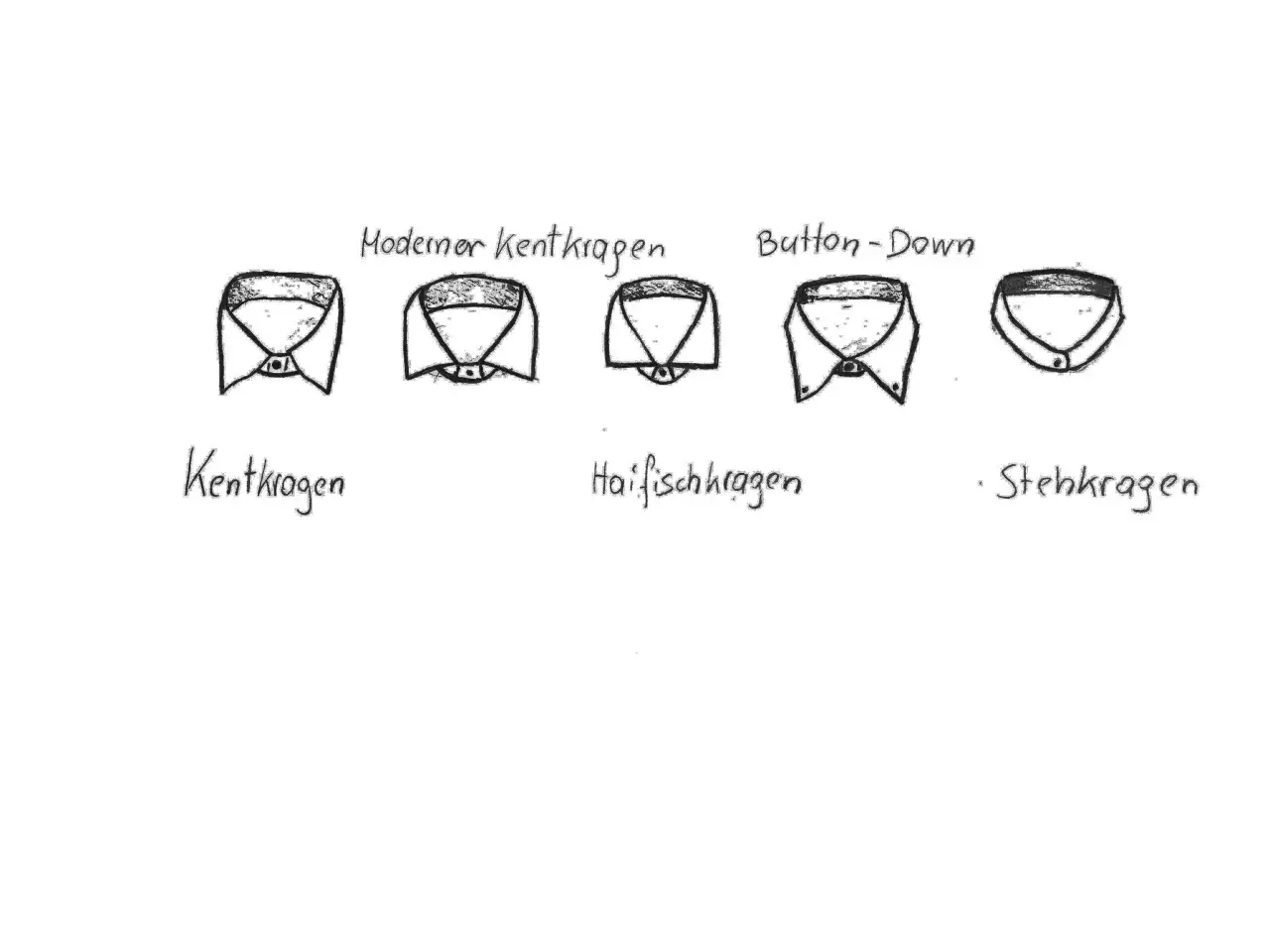 Fünf verschiedene Hemdkragen-Arten: moderner Kentkragen, Button-Down, Kentkragen, Haifischkragen und Stehkragen.