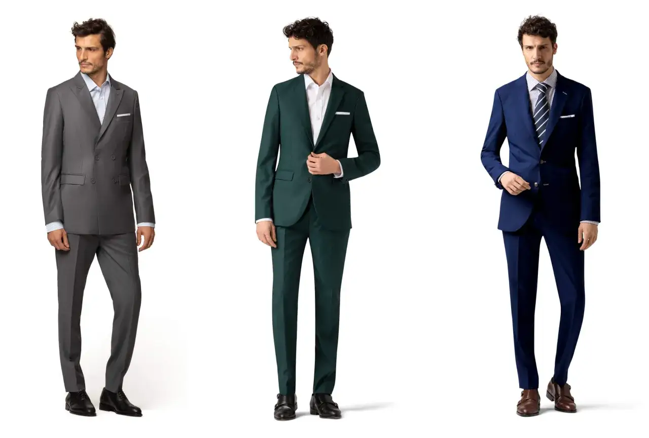 Drei Herren in Anz&uuml;gen: Grau (Doppelreiher), Dunkelgr&uuml;n und Blau. Perfekter Dresscode Herren f&uuml;r jeden Anlass.