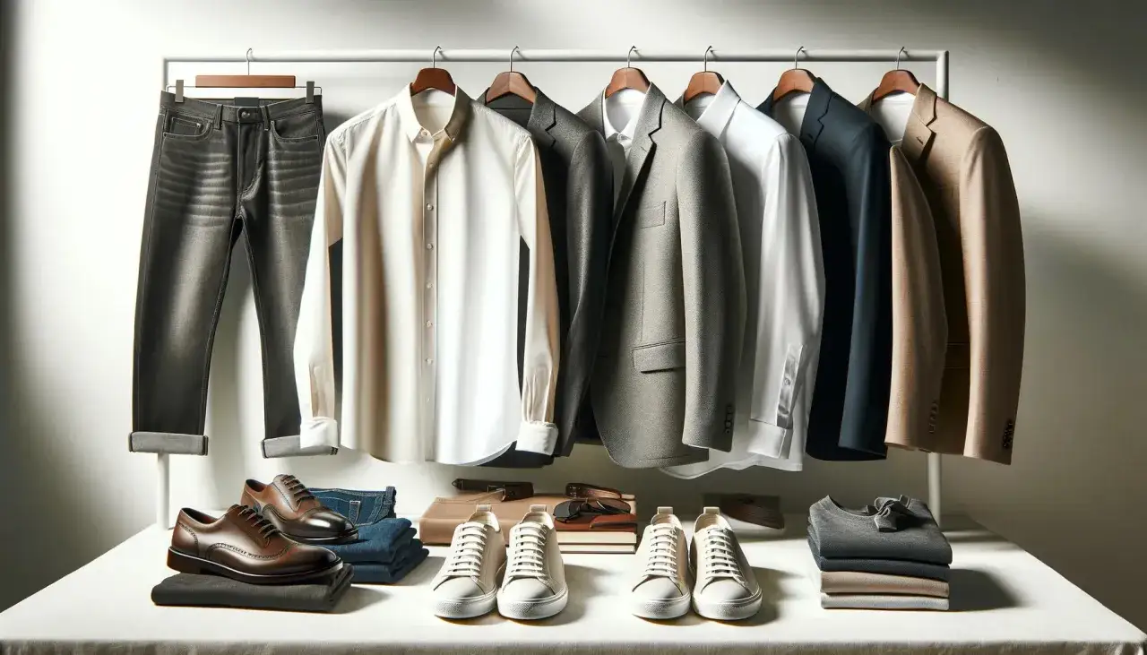 Eine Garderobe, die zeigt, wie viel Kleidung man braucht: Jeans, Hemden, Anzüge, Schuhe und Pullover.