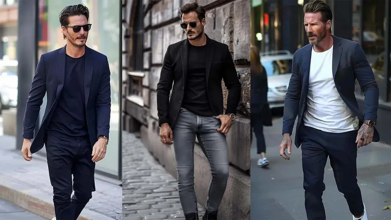 Drei Männer in stilvollen Outfits: dunkelblauer Blazer über schwarzem Pullover, schwarzer Blazer über schwarzem Pullover und grauer Jeans, dunkelblauer Blazer über weißem Pullover.