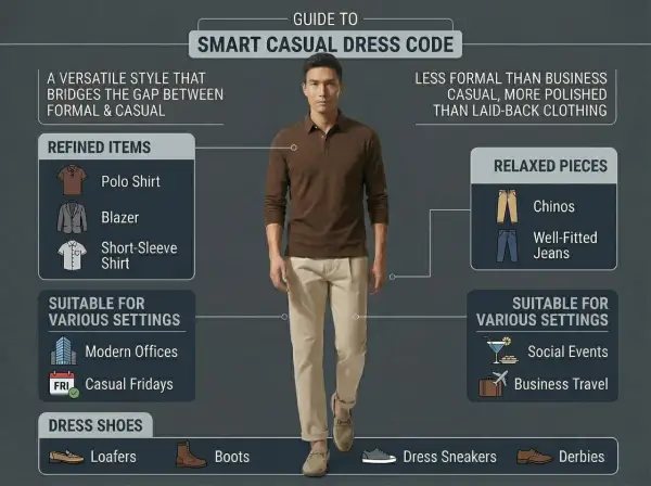 Mann im Smart Casual Look: braunes Poloshirt, beige Chinos, Loafers. Perfekt für Herren, die stilvoll und bequem unterwegs sein wollen.