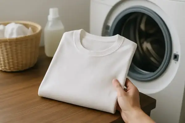 Ein weißes T-Shirt wird neben einer Waschmaschine gehalten. Daneben stehen ein Wäschekorb und Waschmittel. Perfekt, um das T-Shirt einlaufen zu lassen.