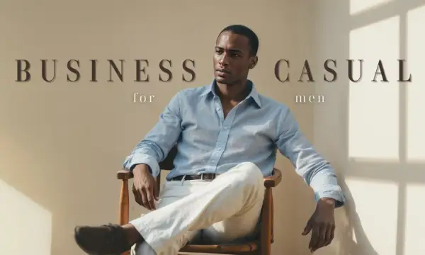 Mann im lässigen Business-Outfit: hellblaues Leinenhemd, weiße Hose, braune Schuhe. Perfekt für Business Casual ohne Sakko.
